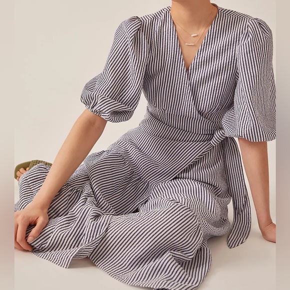 New Hutch x Anthropologie V-Neck Tiered Lemon Wrap XS Yellow White V-Neck Midi - Picture 7 of 8